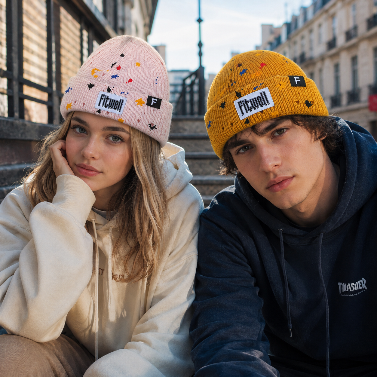 Mustard Yellow Rib-Knit Cuffed Beanie with Paint-Splatter Accents and Woven Patch
