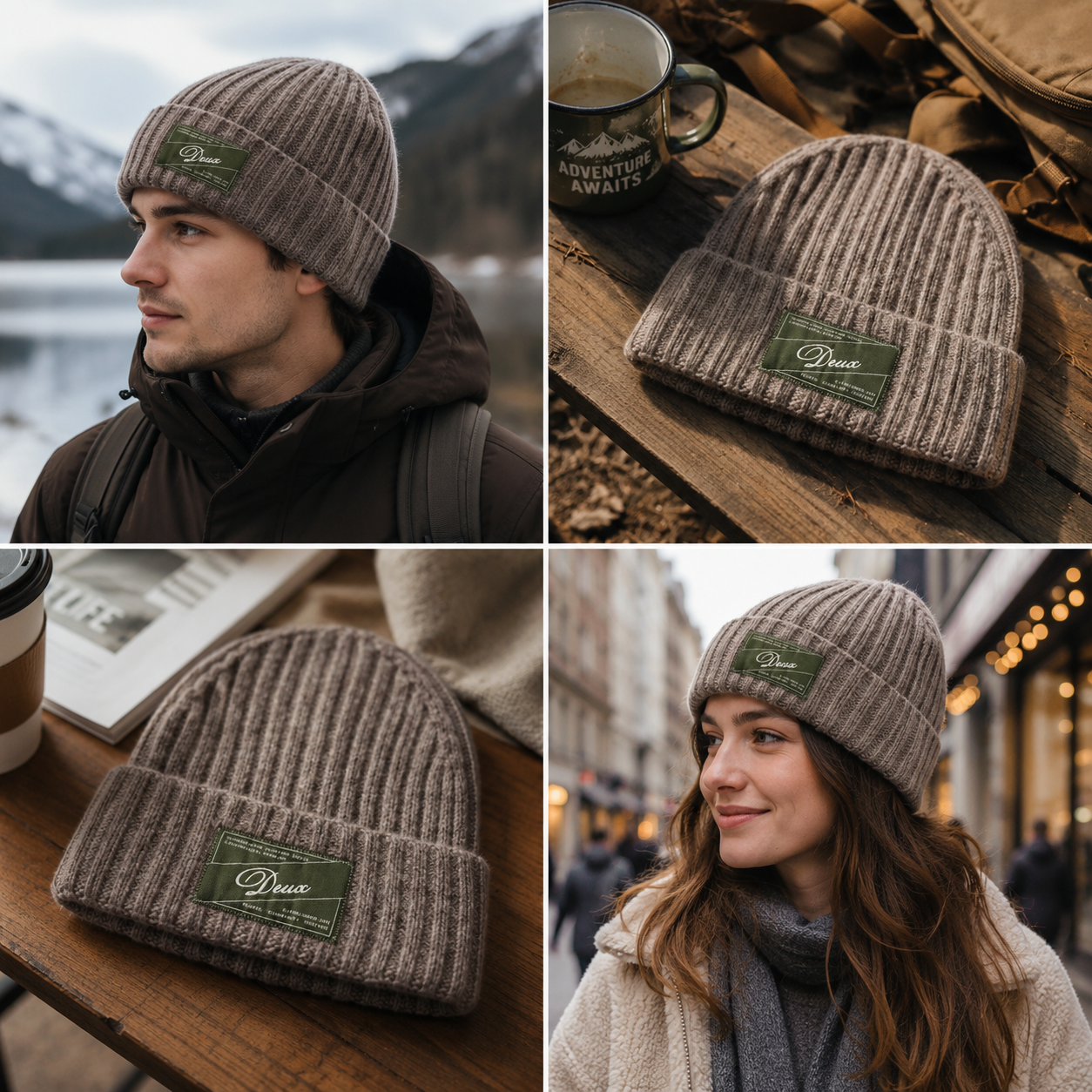 Ribbed Knit Cuffed Beanie with Woven Front Label