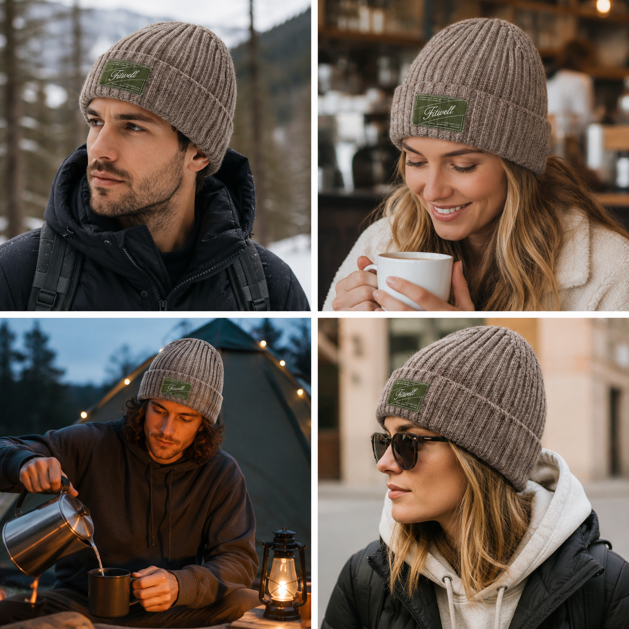 Ribbed Knit Cuffed Beanie with Woven Front Label