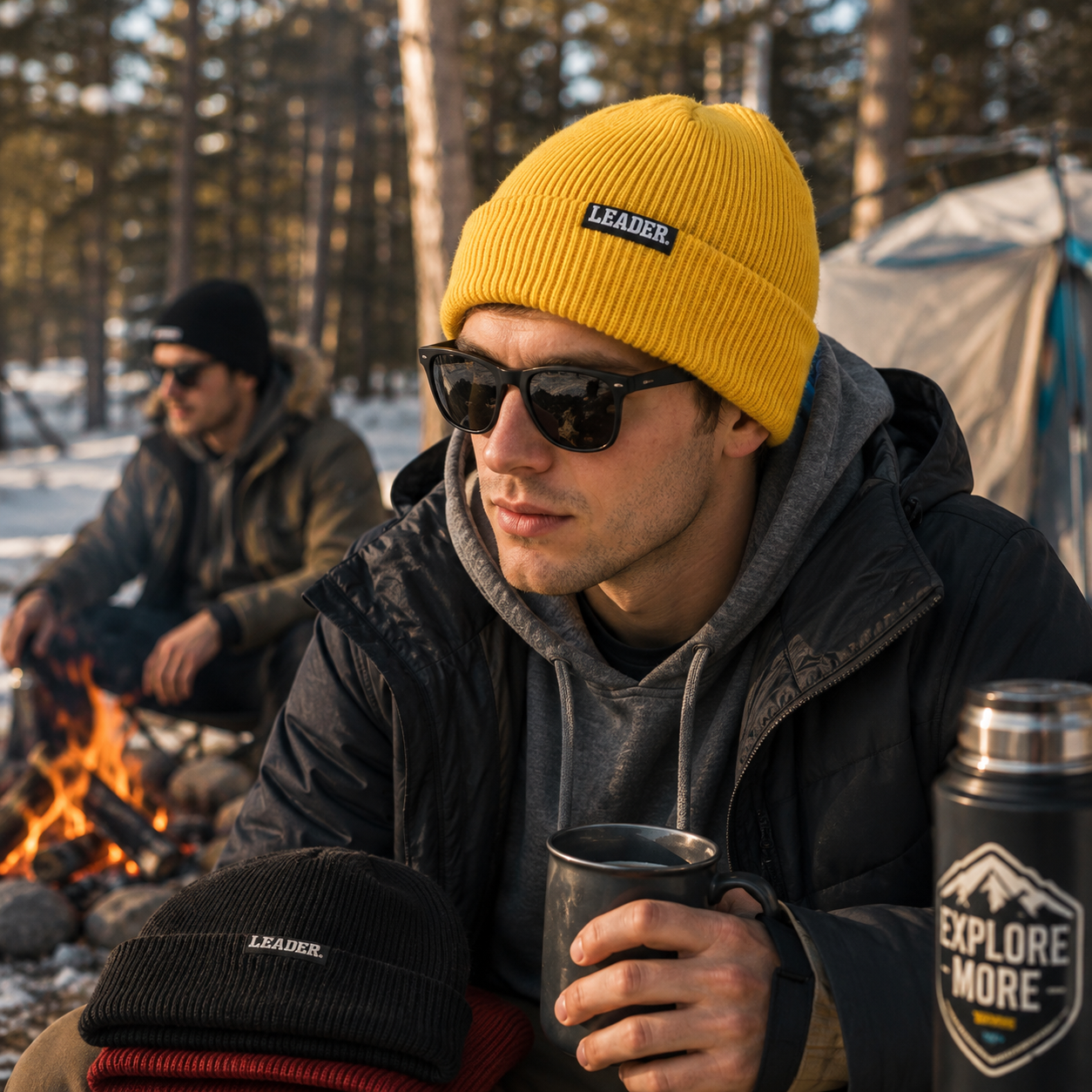 Ribbed Cuffed Knit Beanies with Woven Leader Label in Five Solid Colors