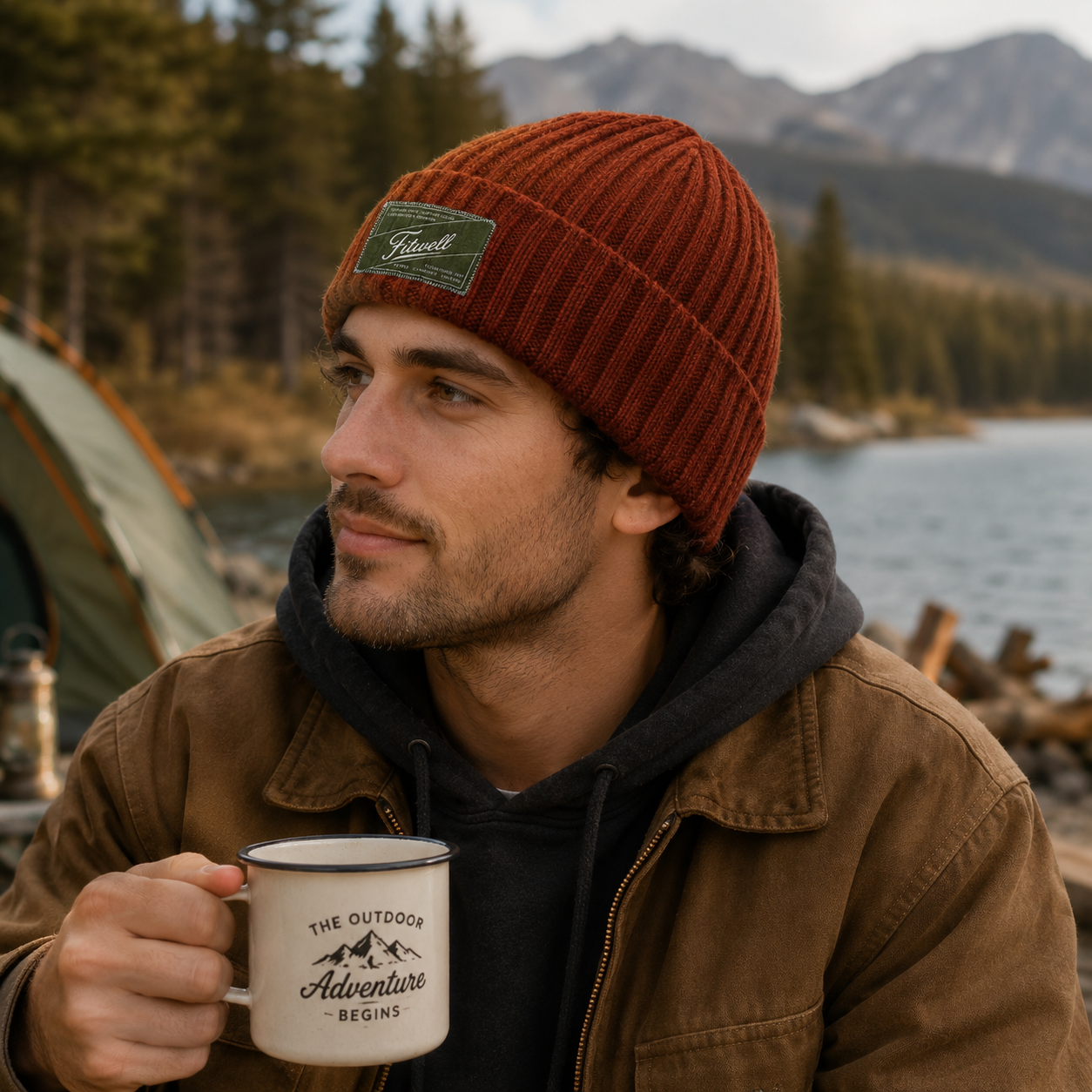 Ribbed Knit Cuffed Beanie with Woven Front Label