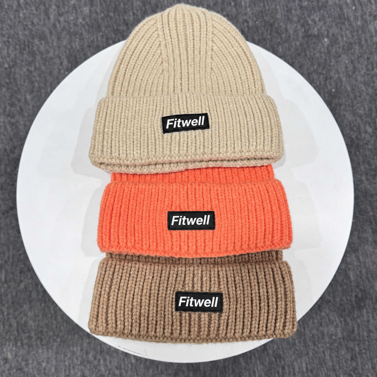 HEYME Thick Ribbed Cuffed Knit Beanies in Beige Orange and Taupe with Woven Logo Patch