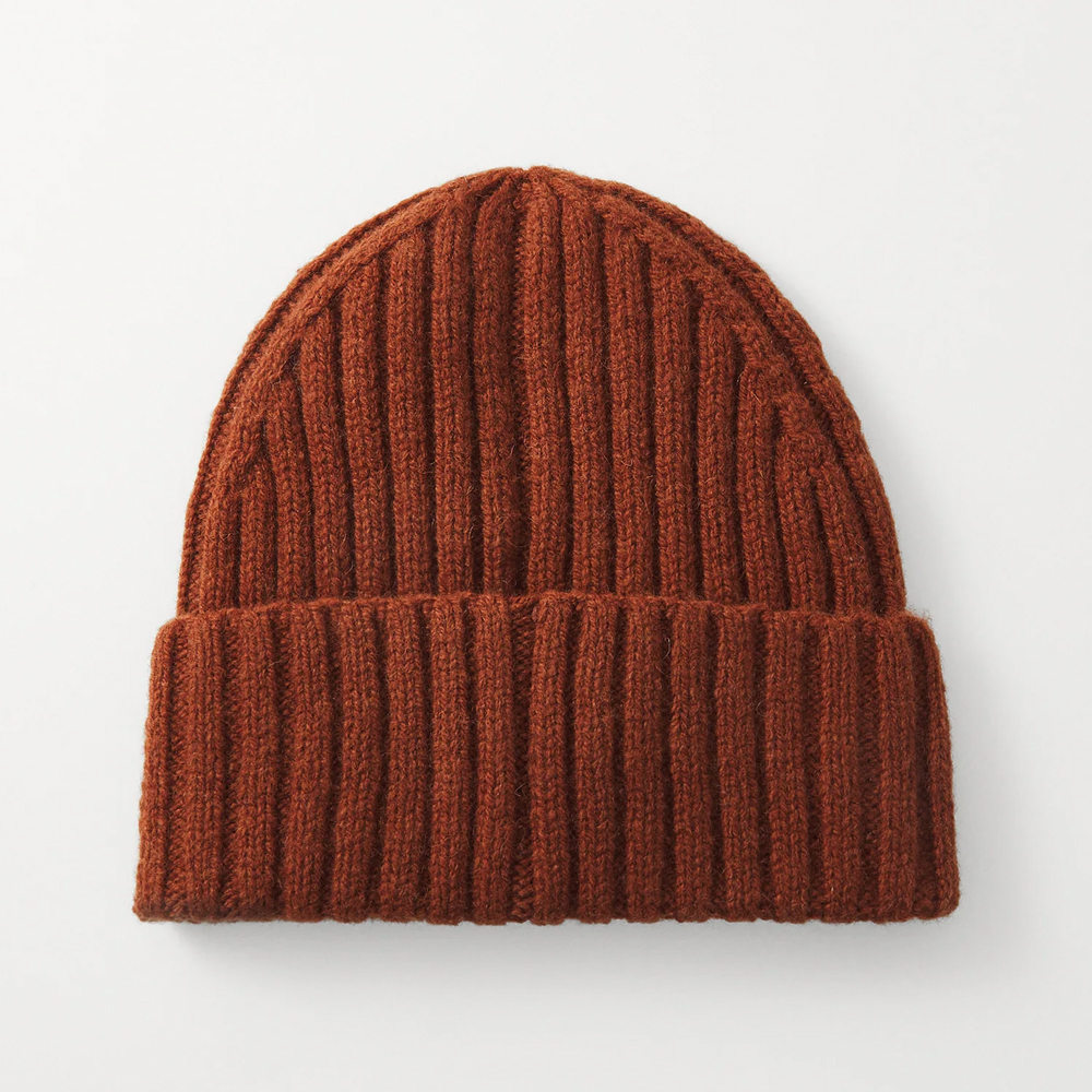 Ribbed Knit Cuffed Beanie with Woven Front Label