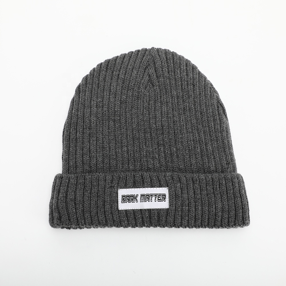 Ribbed Knit Cuffed Beanie with Woven Front Label – Solid Color Winter Hat