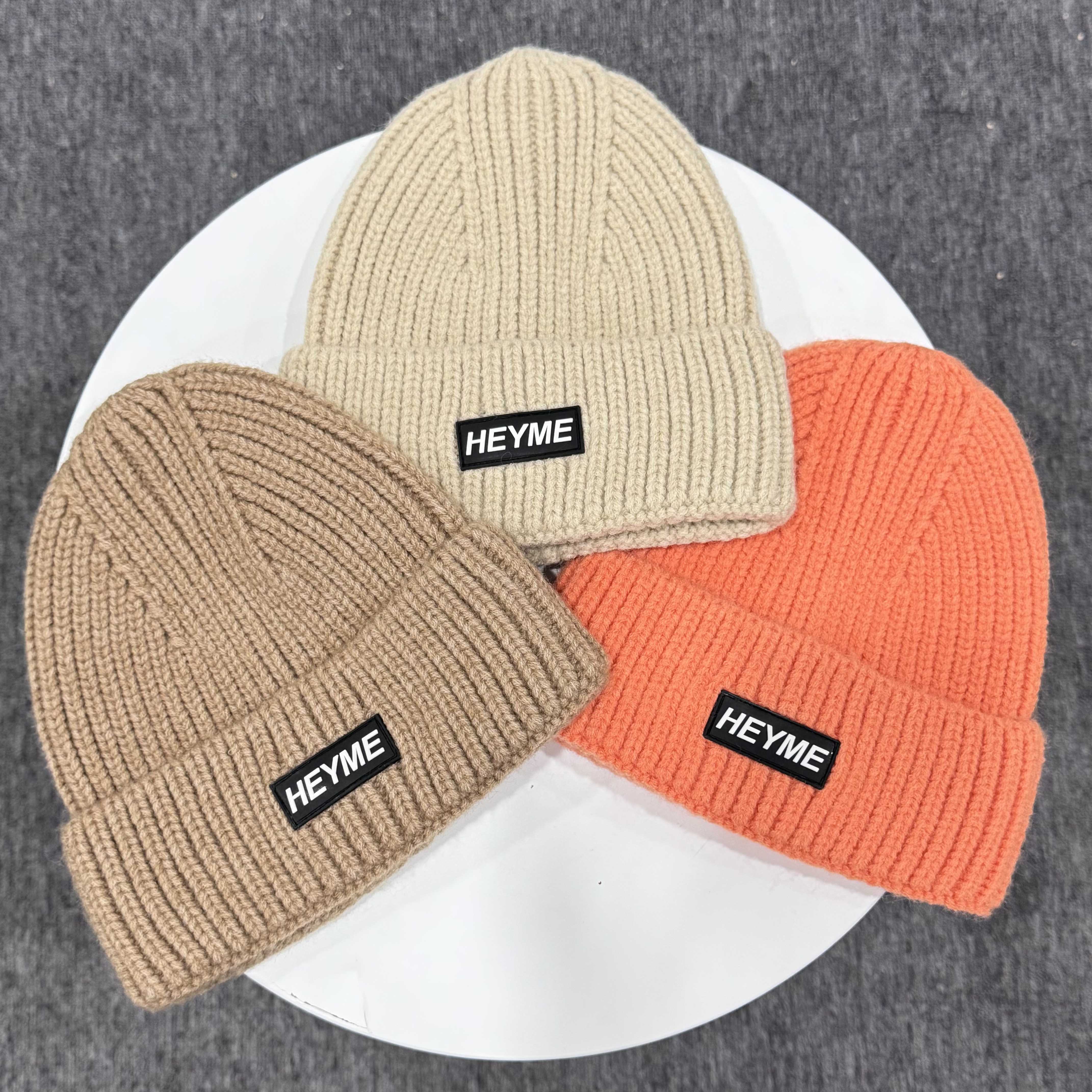 HEYME Thick Ribbed Cuffed Knit Beanies in Beige Orange and Taupe with Woven Logo Patch