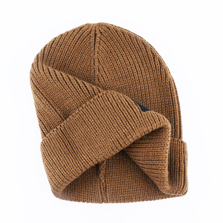 Brown Rib Knit Cuffed Beanie with Front Woven Logo Patch