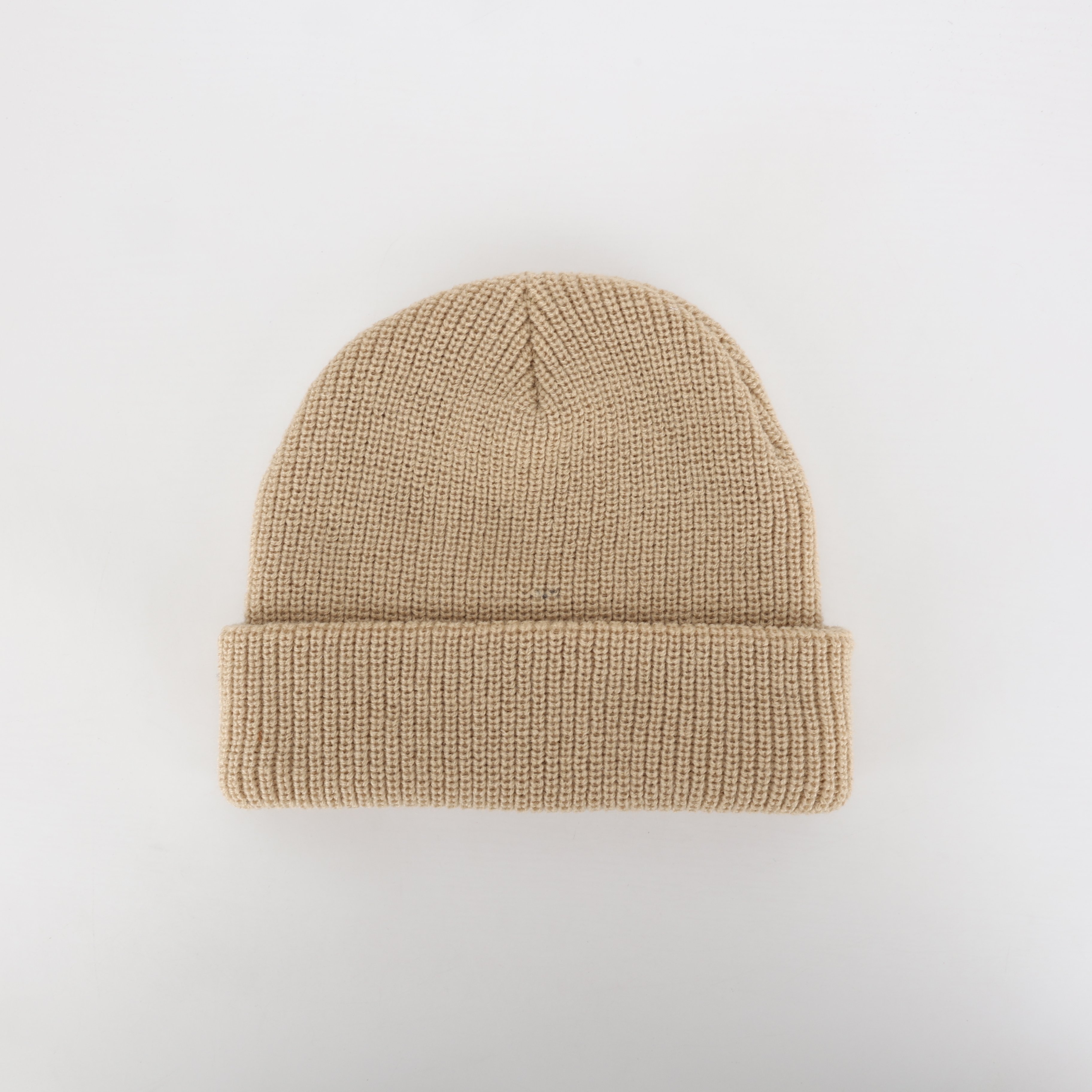 Beige Ribbed Knit Beanie with Woven Patch Label