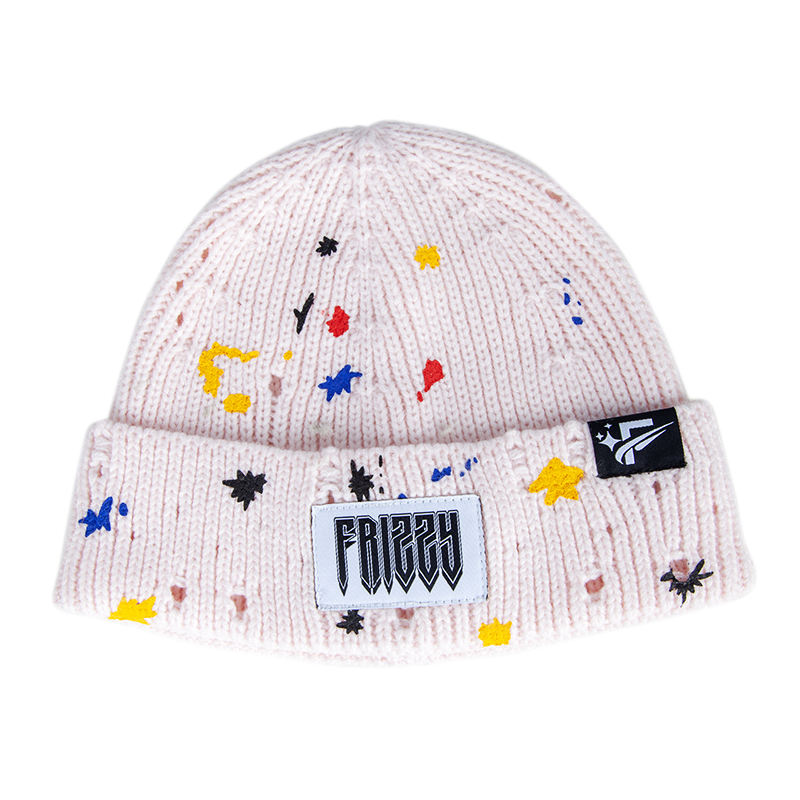 Mustard Yellow Rib-Knit Cuffed Beanie with Paint-Splatter Accents and Woven Patch