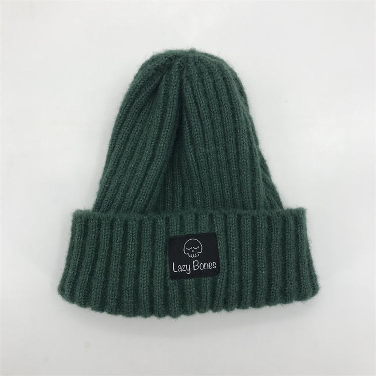 Lazy Bones Rib-Knit Cuffed Beanie with Woven Label Patch