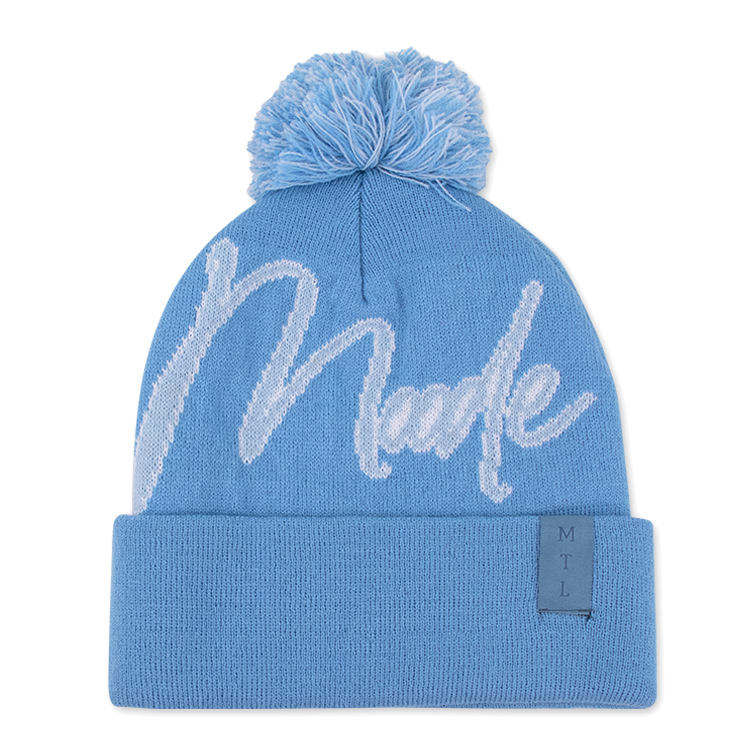 Blue Knit Pom Pom Beanie Hat with Embroidered Letter Design
