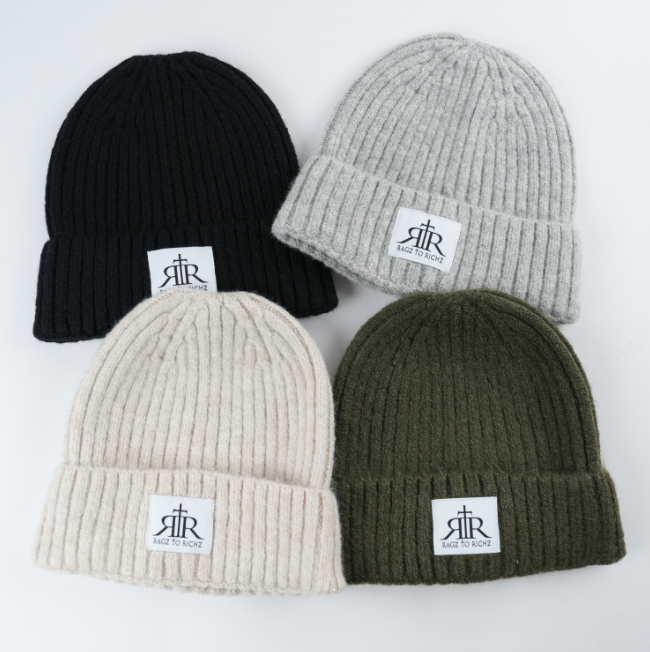 Ribbed Knit Winter Beanie with Fold-Over Cuff and Logo Patch