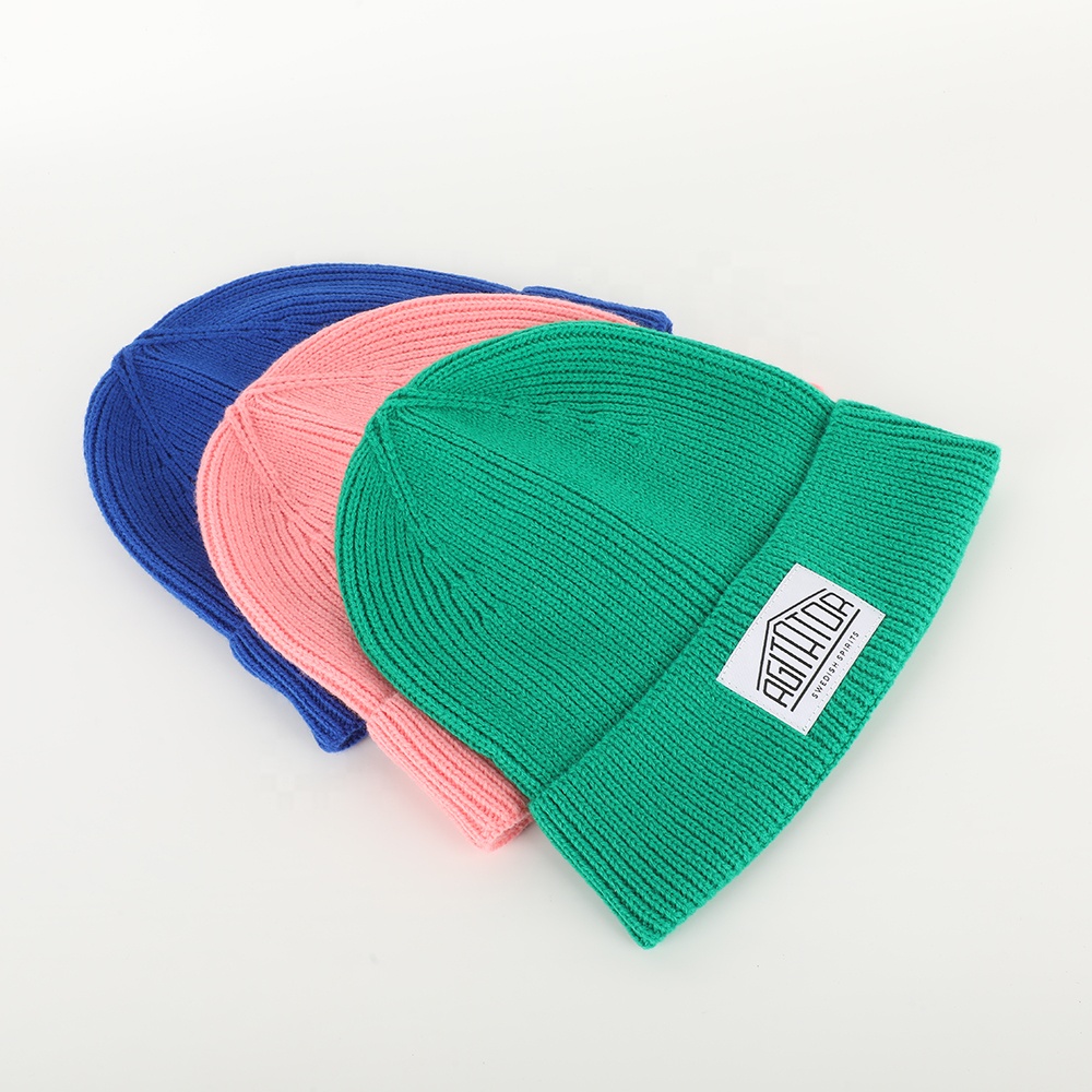 Colorful Rib Knit Beanie Hat with Woven Patch Logo Warm Winter Cuffed Cap