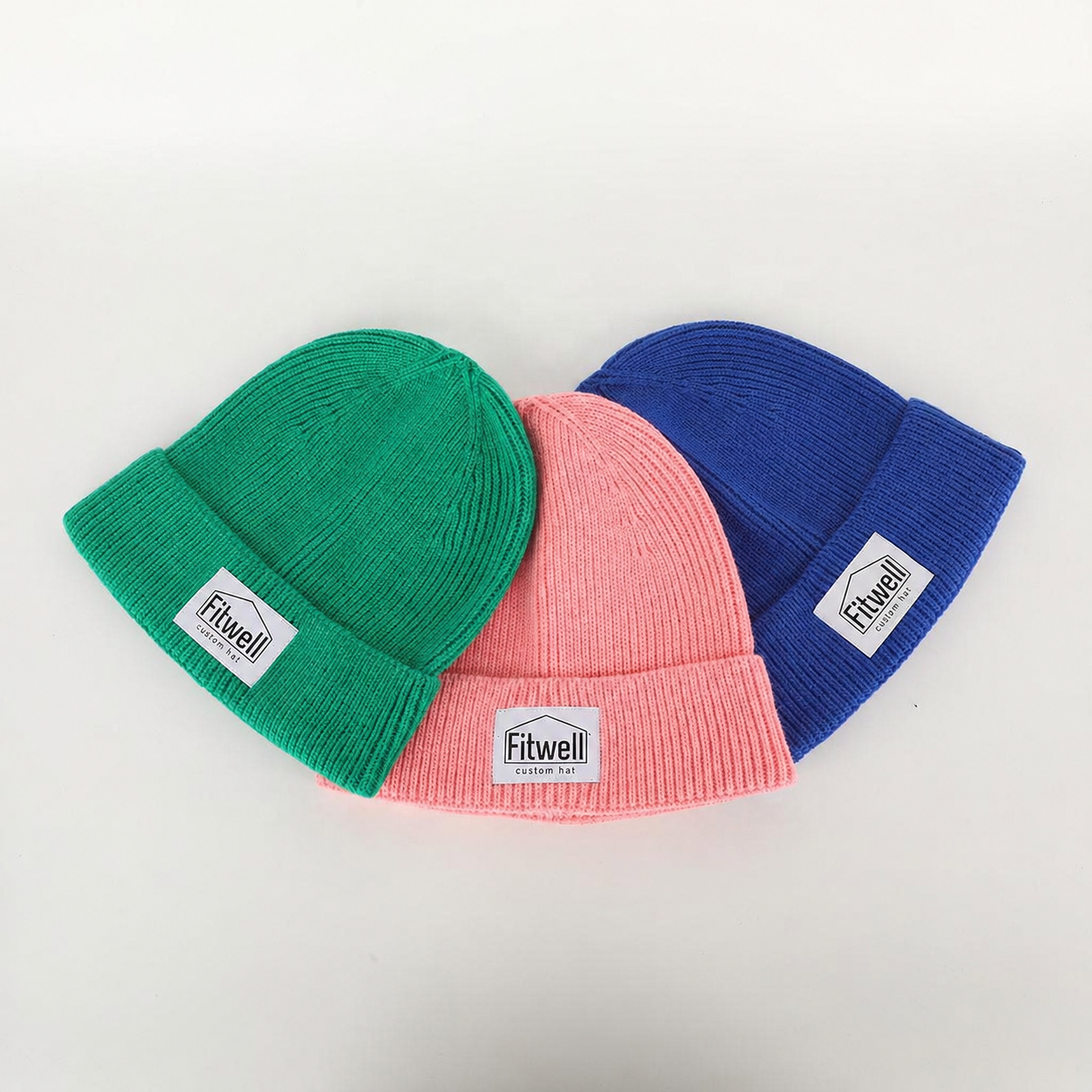 Colorful Rib Knit Beanie Hat with Woven Patch Logo Warm Winter Cuffed Cap