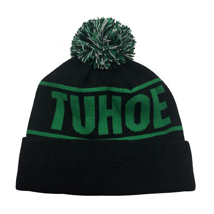 Black and Green TAHOE Pom-Pom Knit Winter Hat
