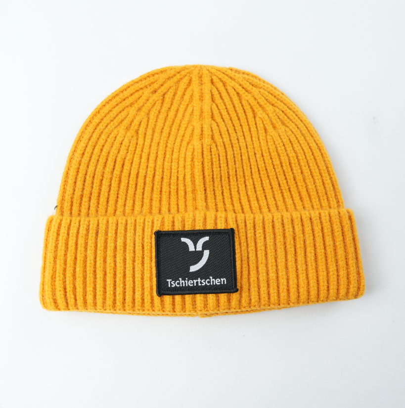 Ribbed Knit Winter Hat with Fold-Up Turnback and Front Logo Label