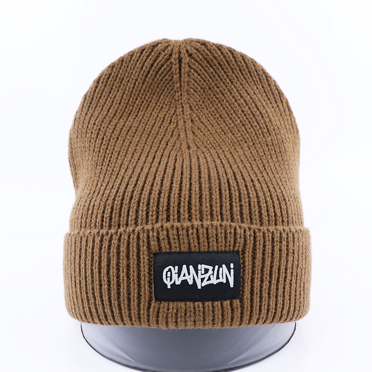 Brown Rib Knit Cuffed Beanie with Front Woven Logo Patch