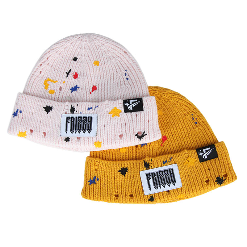 Mustard Yellow Rib-Knit Cuffed Beanie with Paint-Splatter Accents and Woven Patch