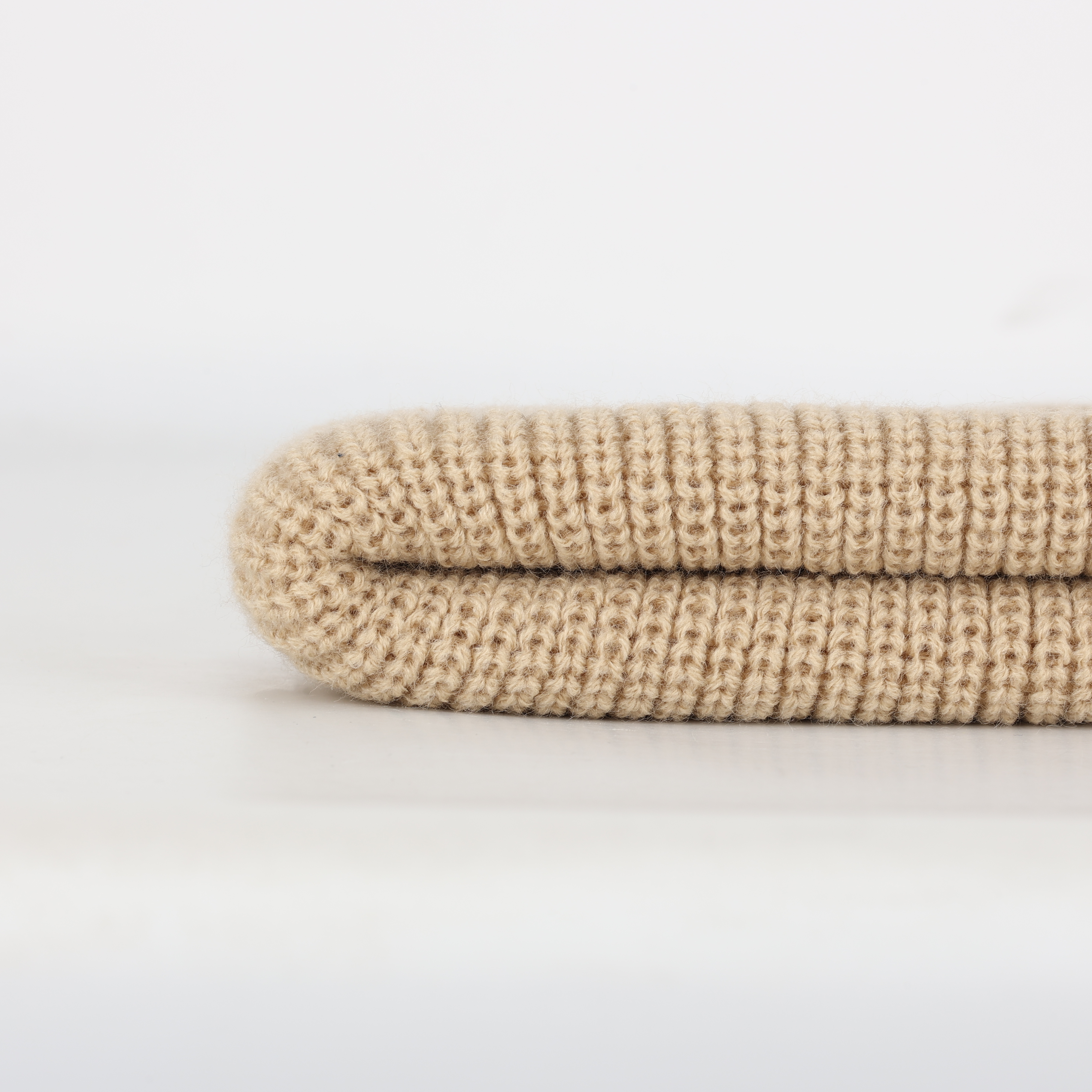 Beige Ribbed Knit Beanie with Woven Patch Label