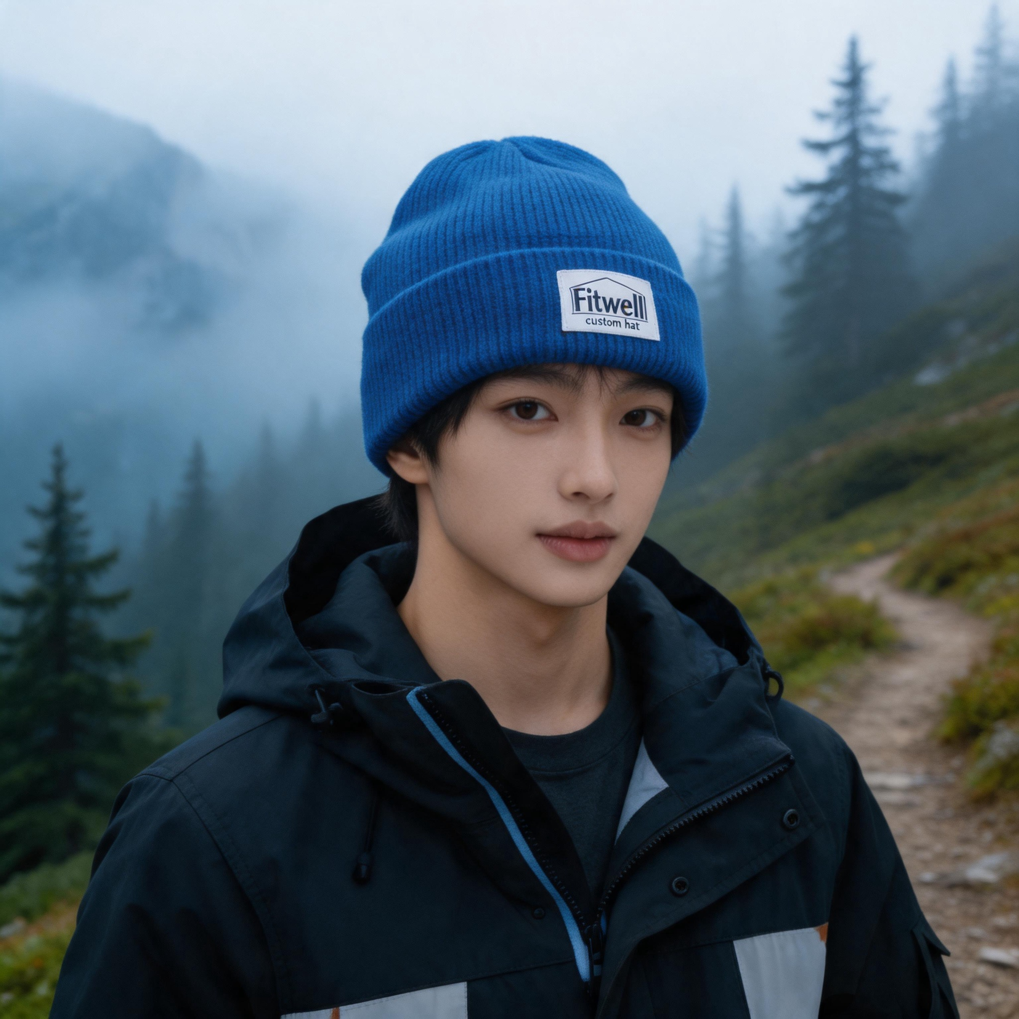 Colorful Rib Knit Beanie Hat with Woven Patch Logo Warm Winter Cuffed Cap