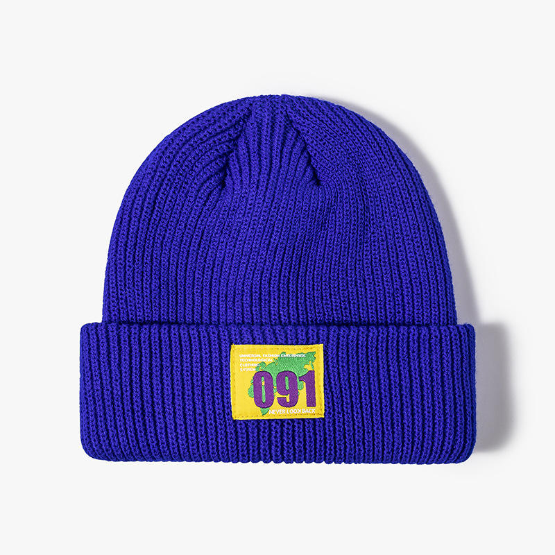 Retro 091 Woven Patch Rib-Knit Cuffed Beanie