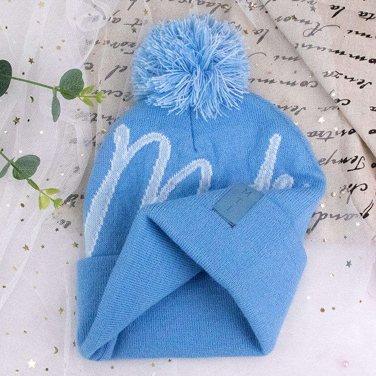 Blue Knit Pom Pom Beanie Hat with Embroidered Letter Design