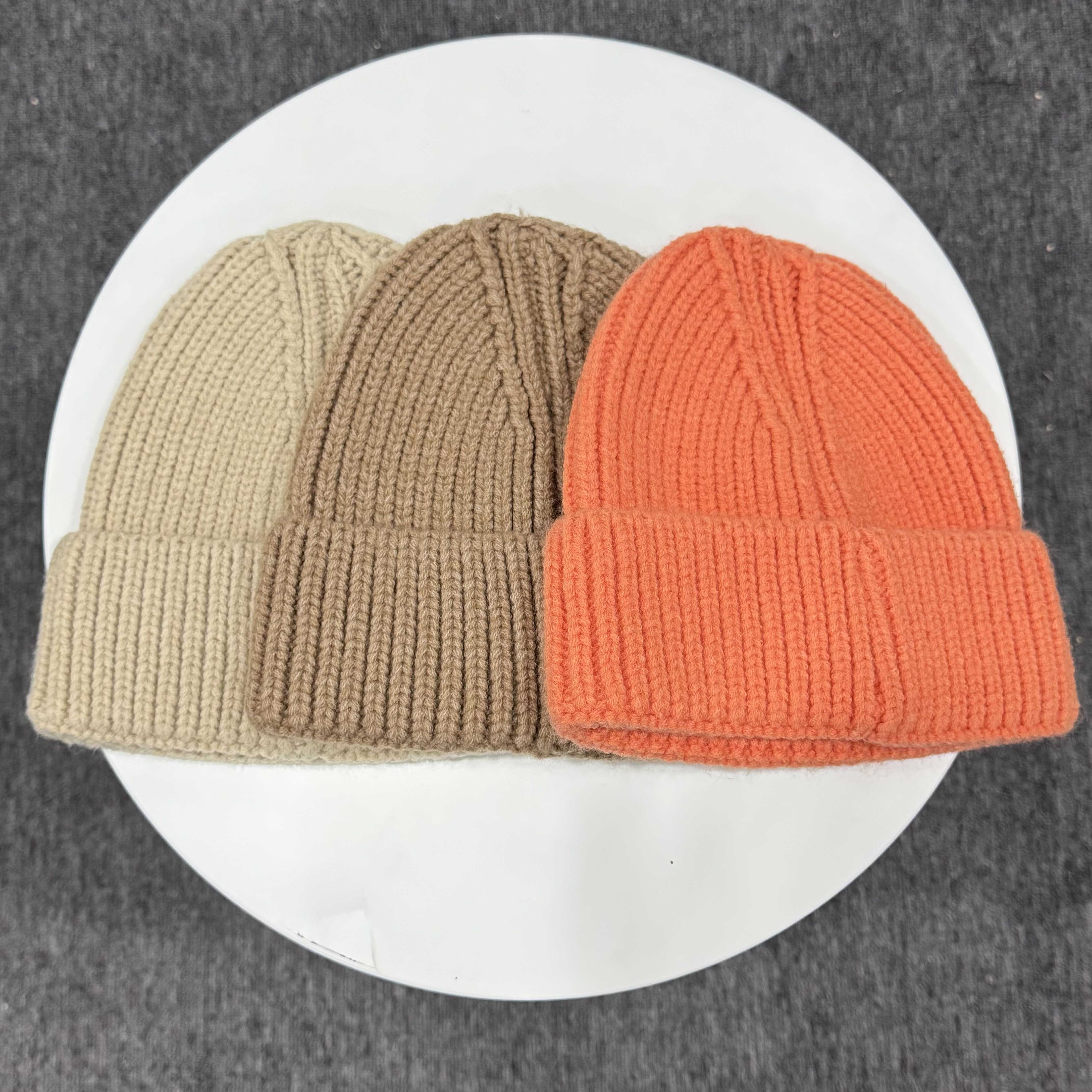 HEYME Thick Ribbed Cuffed Knit Beanies in Beige Orange and Taupe with Woven Logo Patch