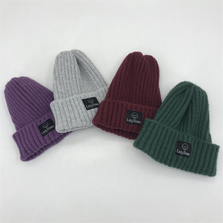Lazy Bones Rib-Knit Cuffed Beanie with Woven Label Patch