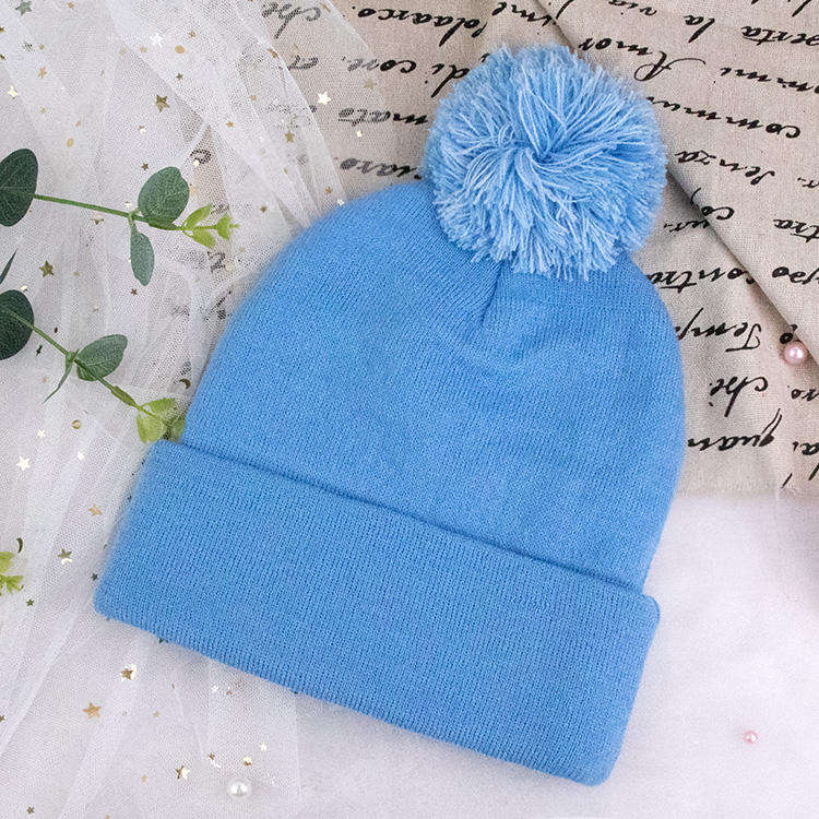 Blue Knit Pom Pom Beanie Hat with Embroidered Letter Design