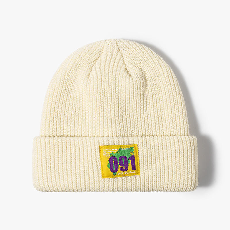 Retro 091 Woven Patch Rib-Knit Cuffed Beanie