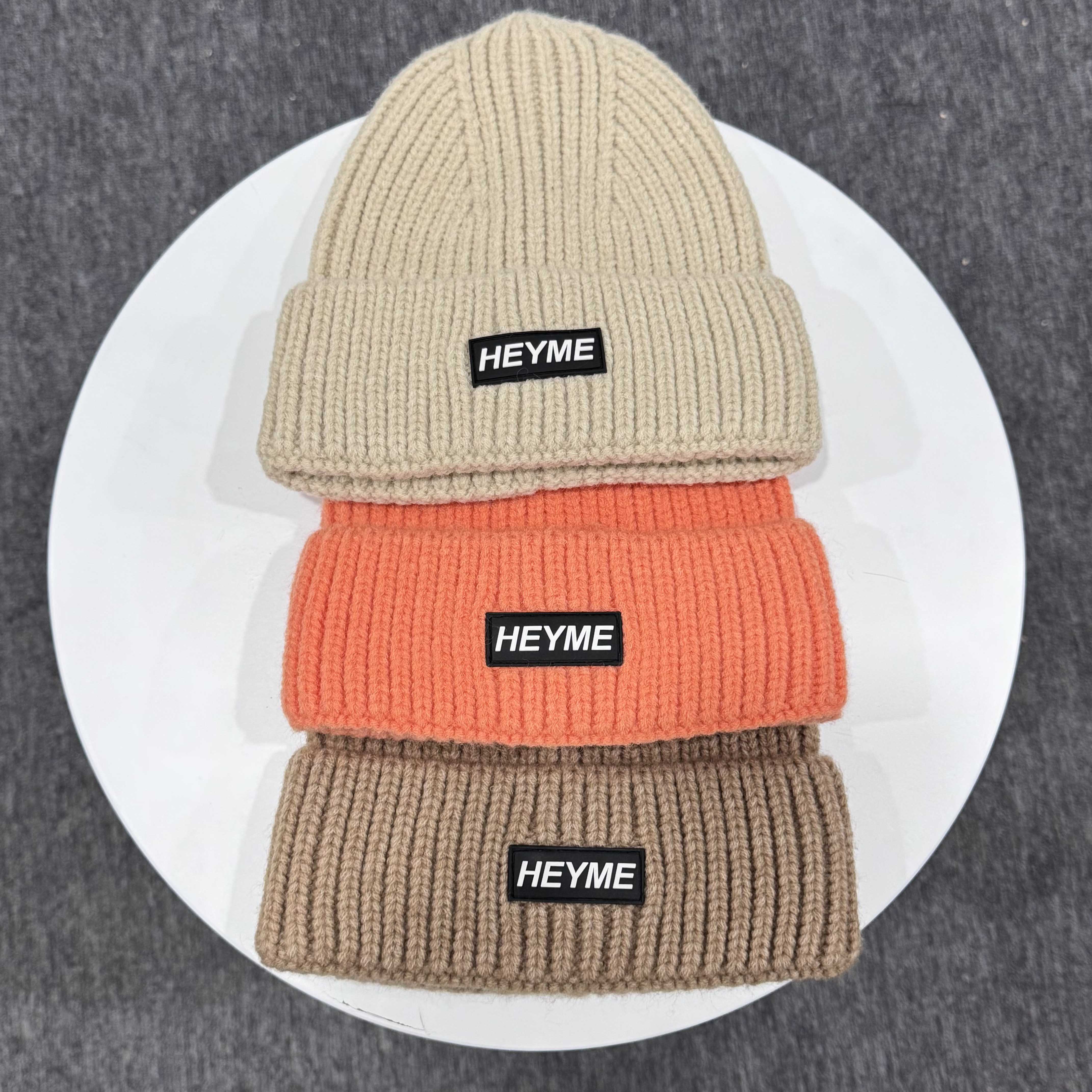 HEYME Thick Ribbed Cuffed Knit Beanies in Beige Orange and Taupe with Woven Logo Patch