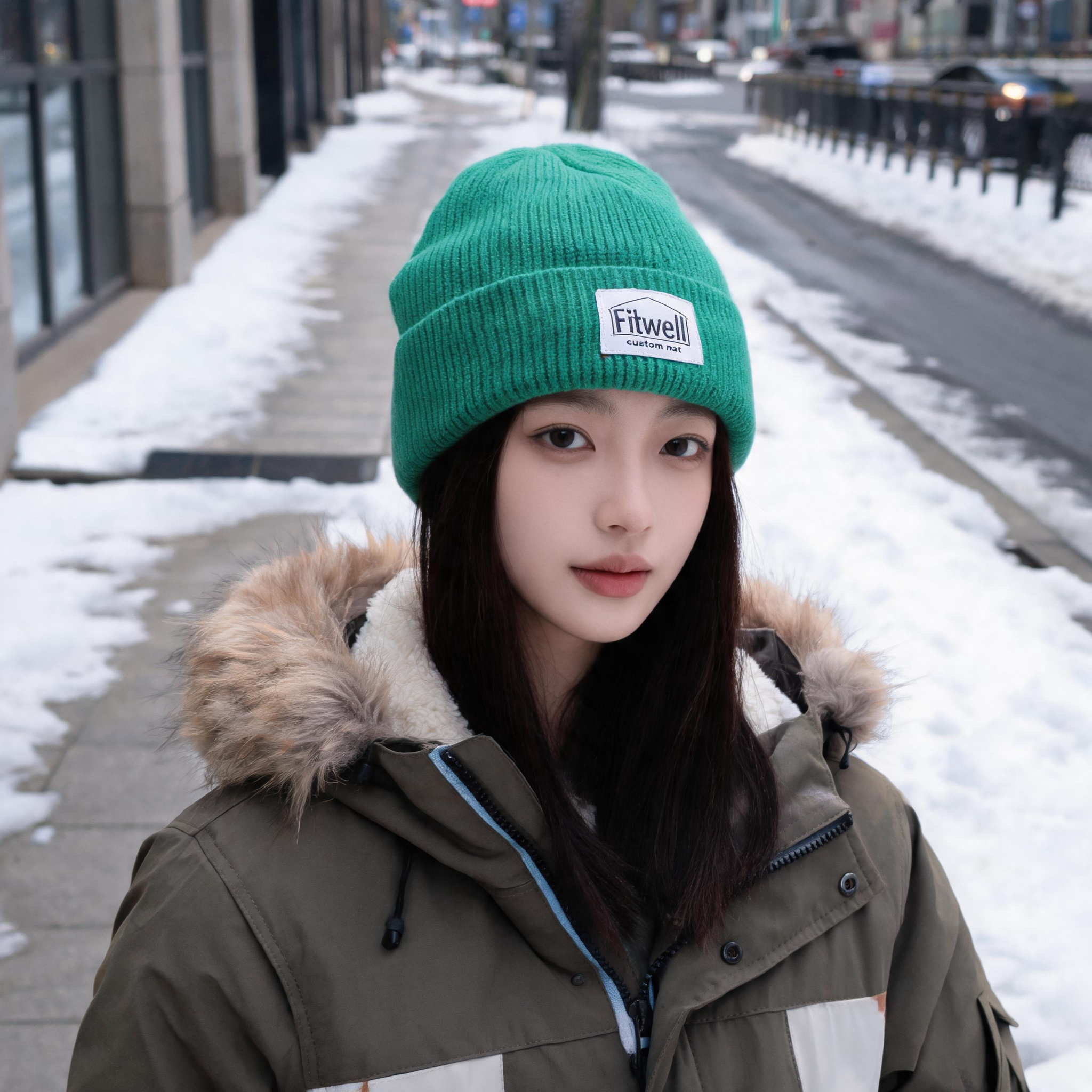 Colorful Rib Knit Beanie Hat with Woven Patch Logo Warm Winter Cuffed Cap