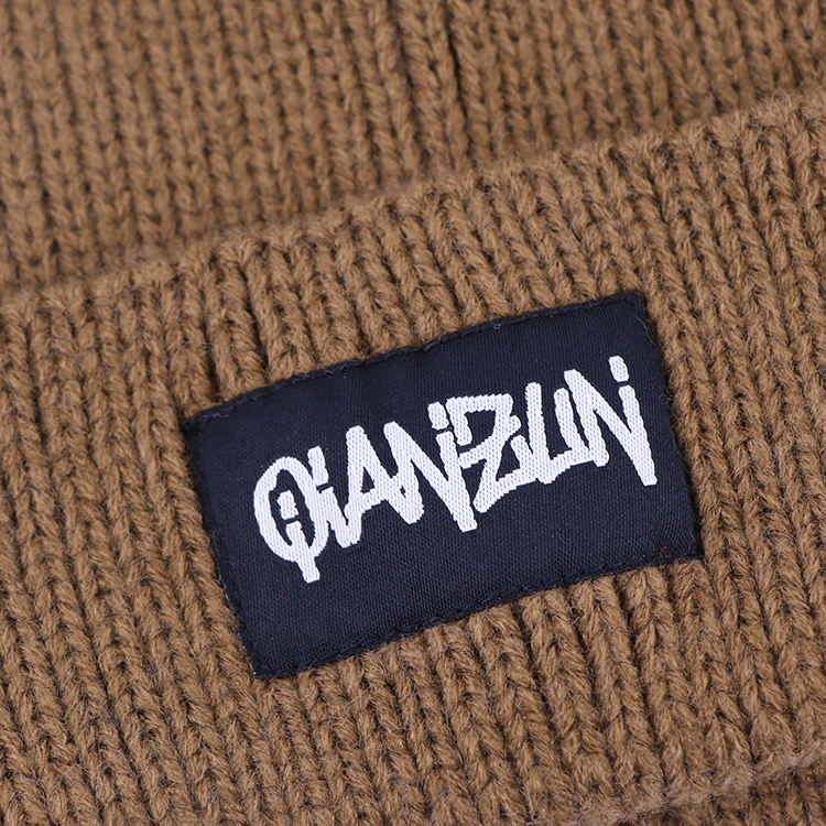 Brown Rib Knit Cuffed Beanie with Front Woven Logo Patch