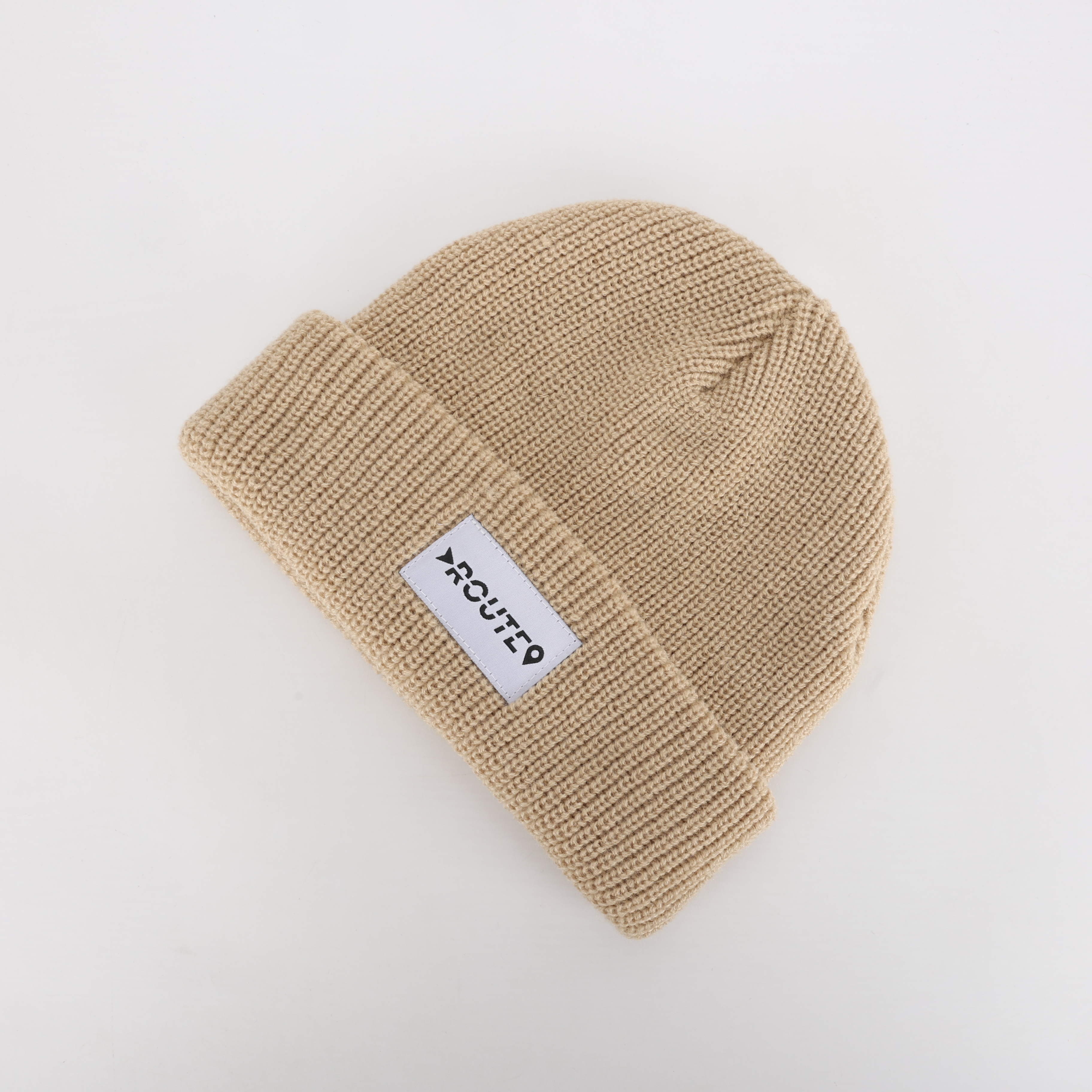 Beige Ribbed Knit Beanie with Woven Patch Label