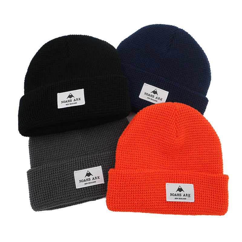 Unisex Rib Knit Winter Cuff Beanie with Rectangular Logo Label