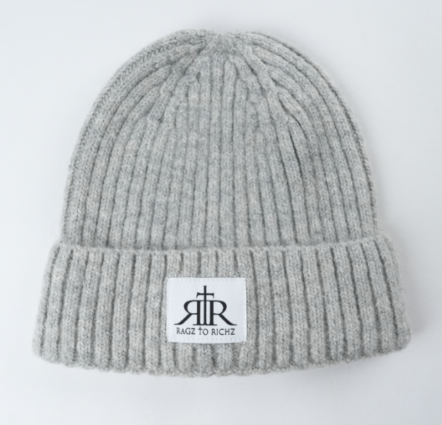 Ribbed Knit Winter Beanie with Fold-Over Cuff and Logo Patch