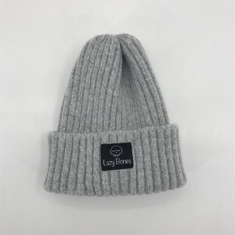 Lazy Bones Rib-Knit Cuffed Beanie with Woven Label Patch