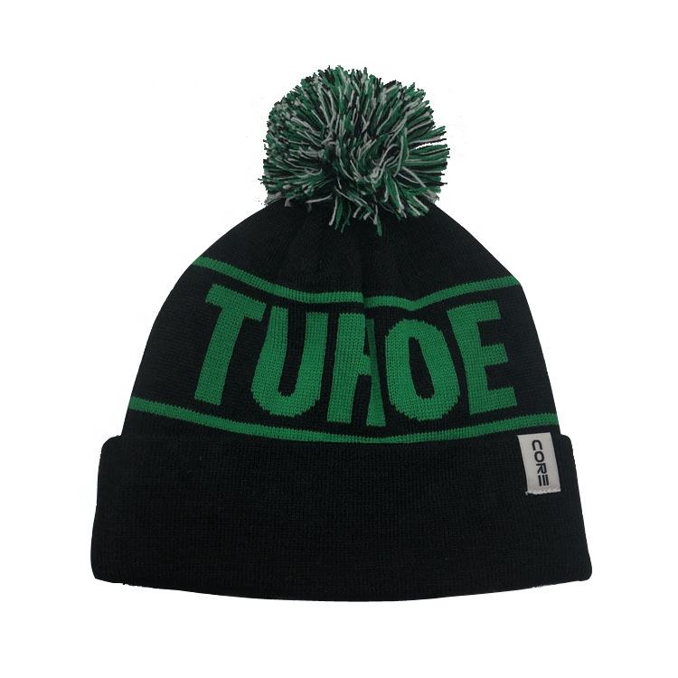 Black and Green TAHOE Pom-Pom Knit Winter Hat