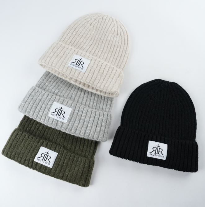 Ribbed Knit Winter Beanie with Fold-Over Cuff and Logo Patch