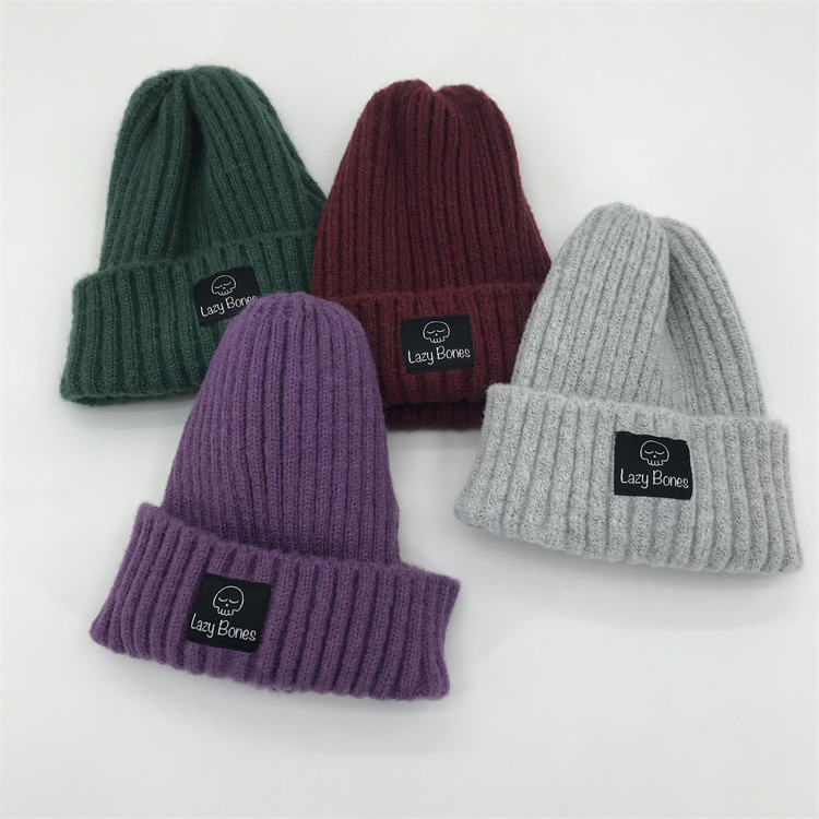 Lazy Bones Rib-Knit Cuffed Beanie with Woven Label Patch