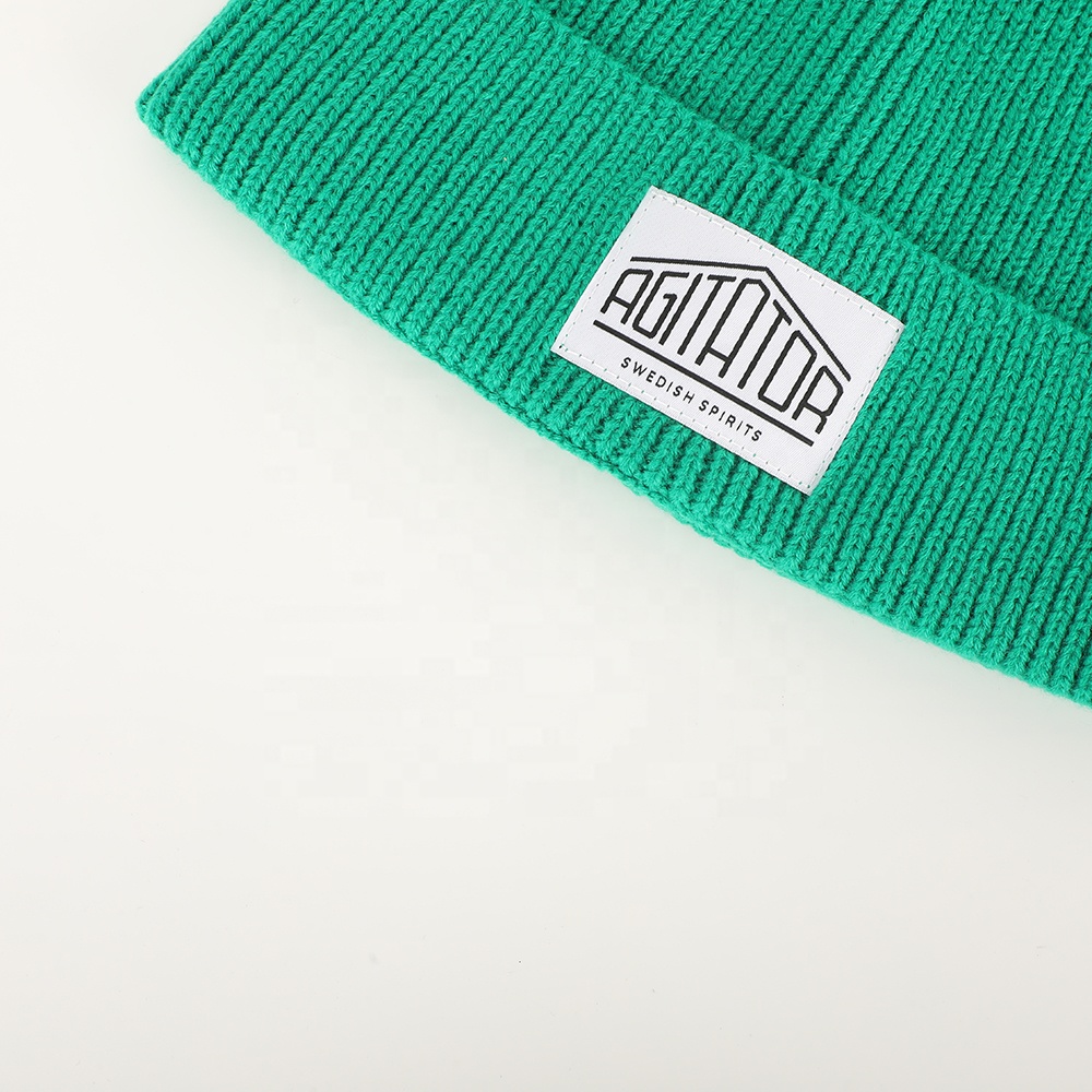 Colorful Rib Knit Beanie Hat with Woven Patch Logo Warm Winter Cuffed Cap
