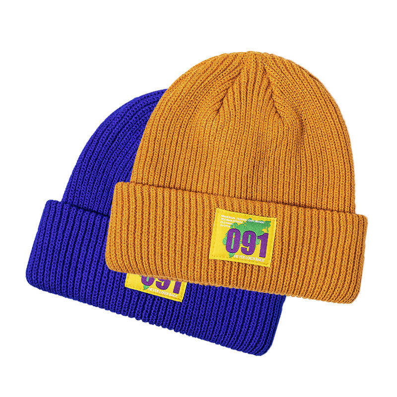 Retro 091 Woven Patch Rib-Knit Cuffed Beanie