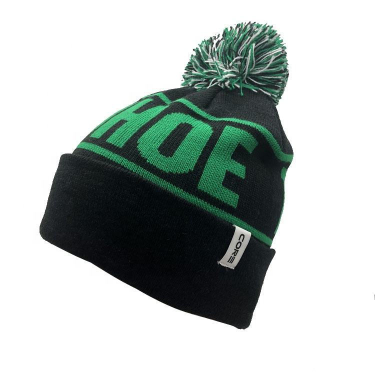 Black and Green TAHOE Pom-Pom Knit Winter Hat