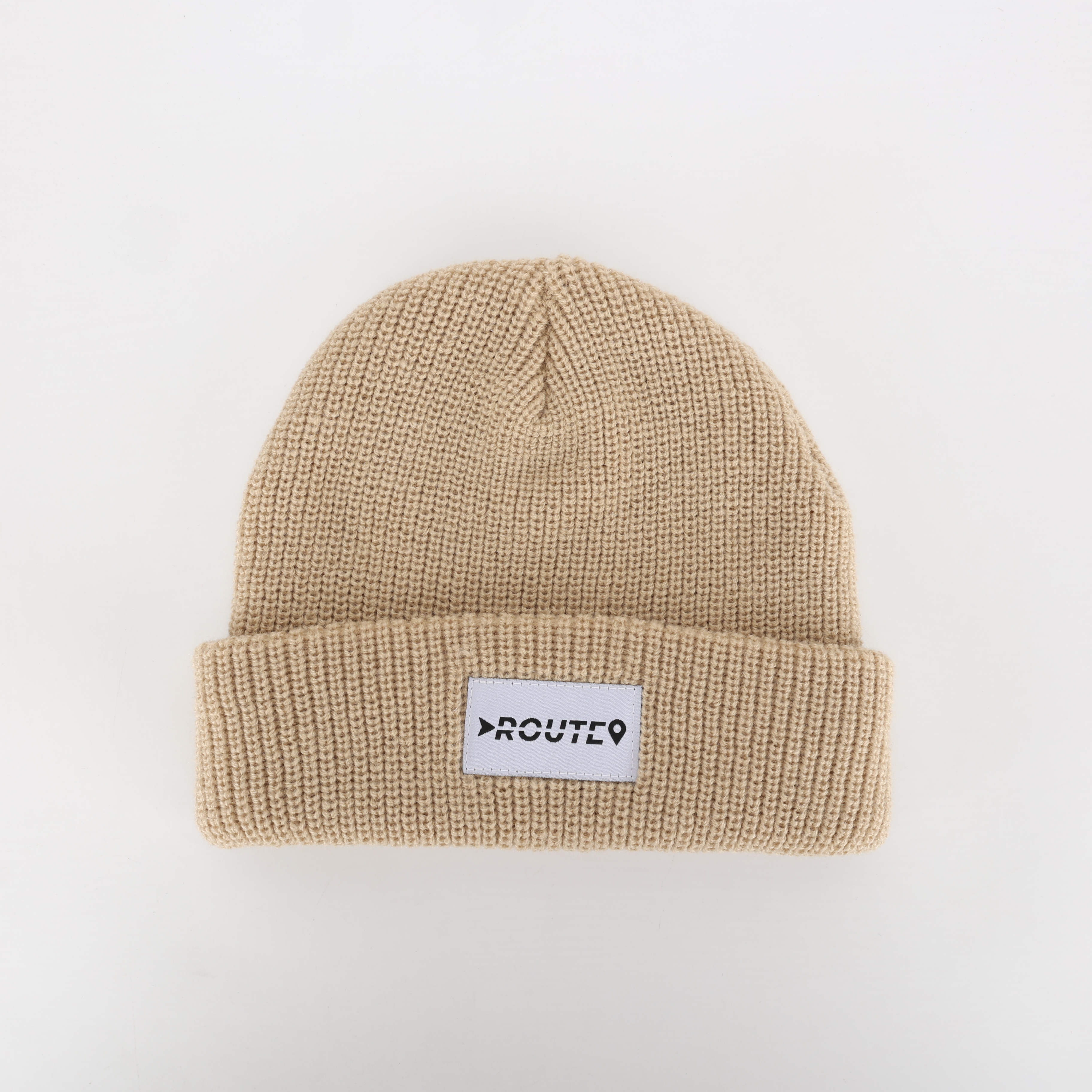 Beige Ribbed Knit Beanie with Woven Patch Label