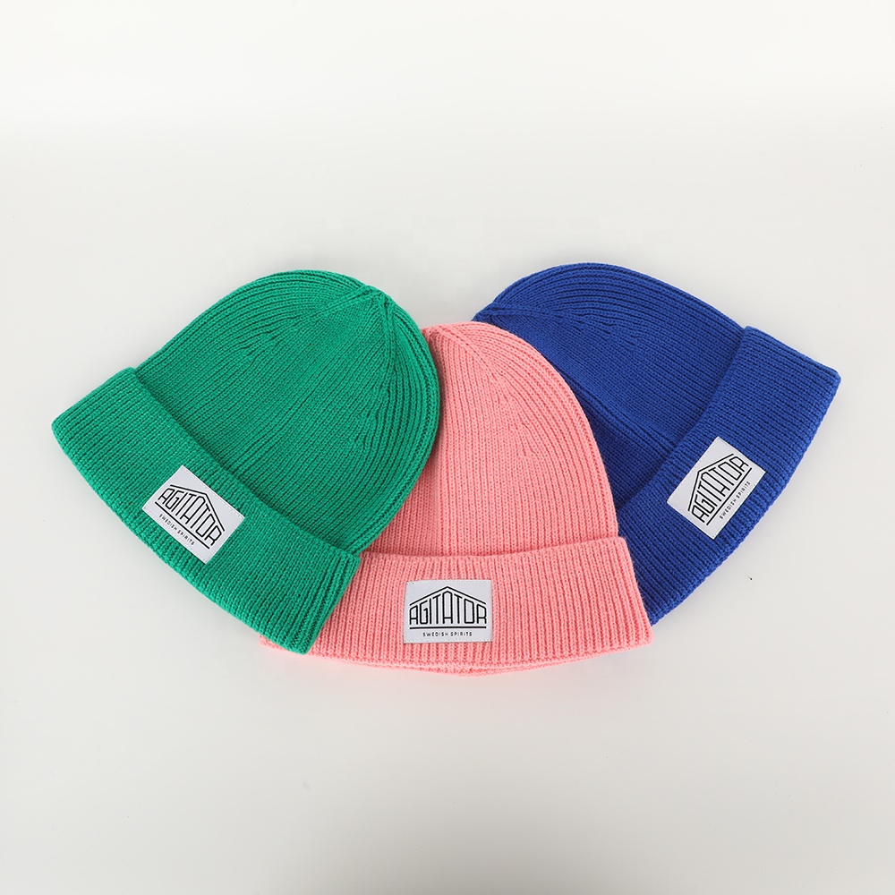 Colorful Rib Knit Beanie Hat with Woven Patch Logo Warm Winter Cuffed Cap