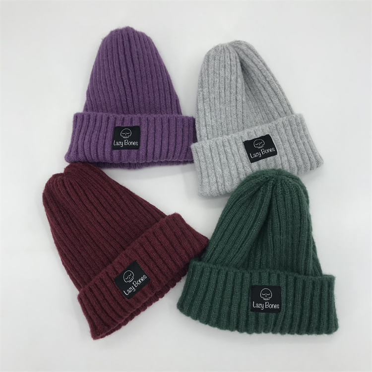 Lazy Bones Rib-Knit Cuffed Beanie with Woven Label Patch
