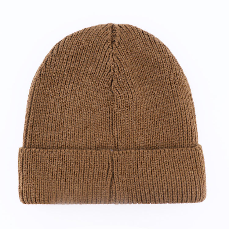 Brown Rib Knit Cuffed Beanie with Front Woven Logo Patch