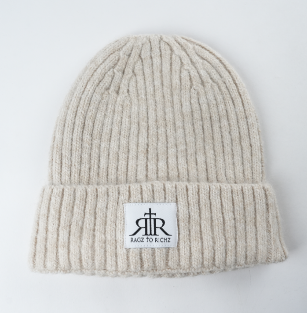Ribbed Knit Winter Beanie with Fold-Over Cuff and Logo Patch