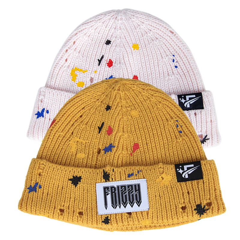 Mustard Yellow Rib-Knit Cuffed Beanie with Paint-Splatter Accents and Woven Patch