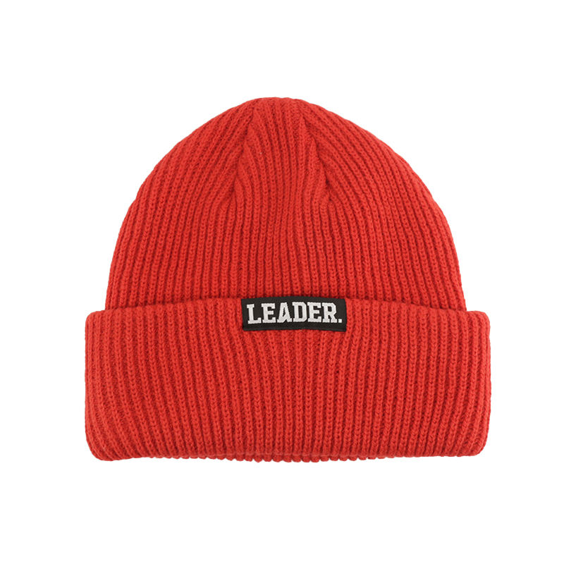 Ribbed Cuffed Knit Beanies with Woven Leader Label in Five Solid Colors
