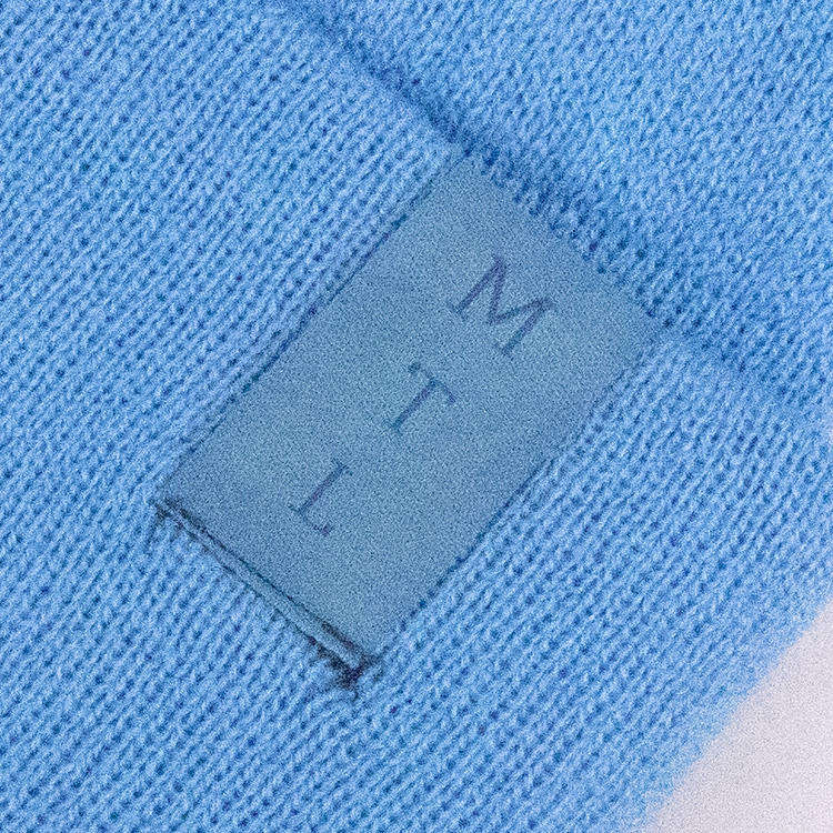 Blue Knit Pom Pom Beanie Hat with Embroidered Letter Design